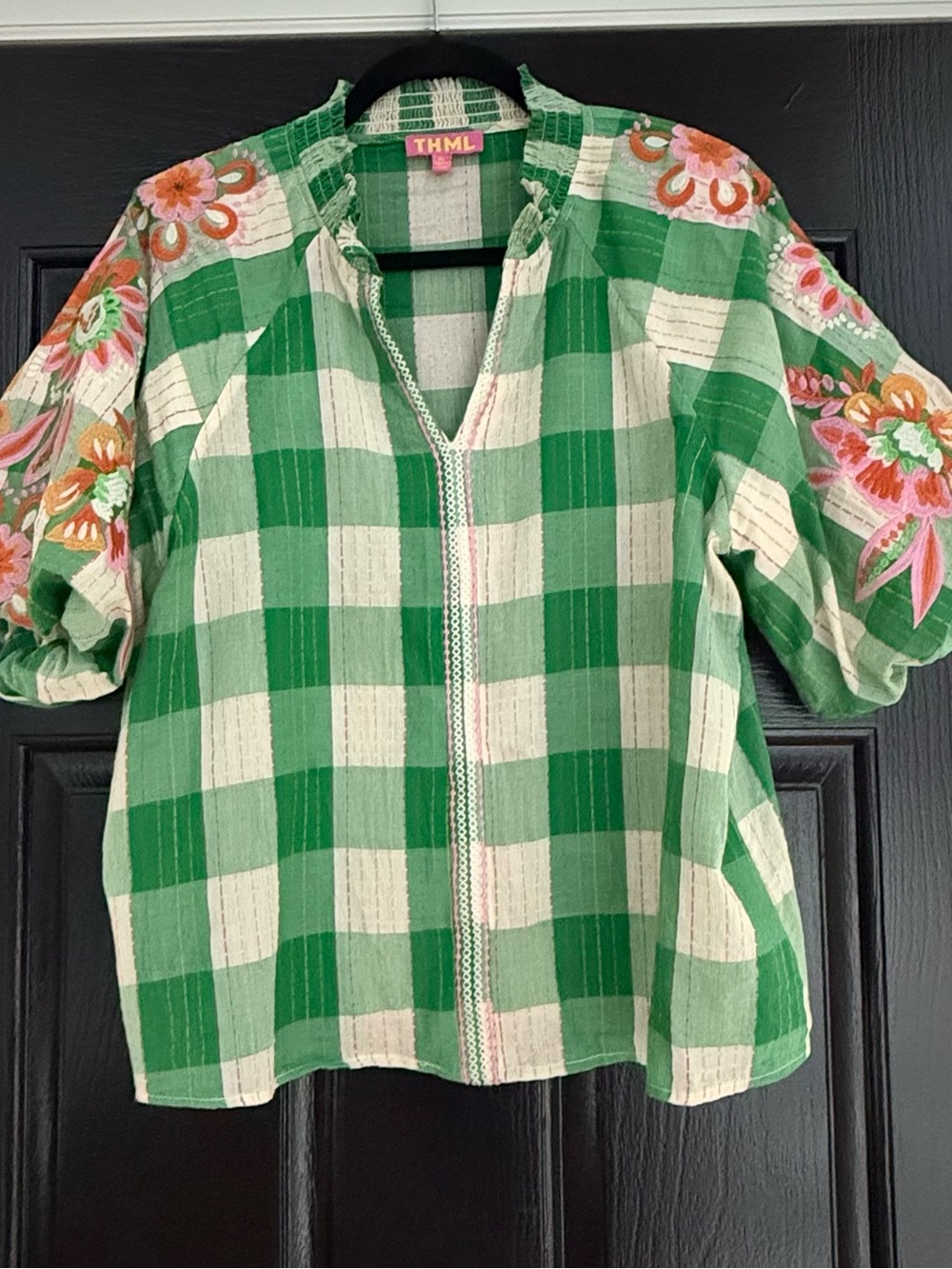 THML Green and Cream Check Embroidered Puff Sleeve Top -Ladies